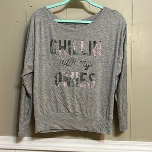 Gray wide neck CorePower Yoga top “Chilling with my Omies”
